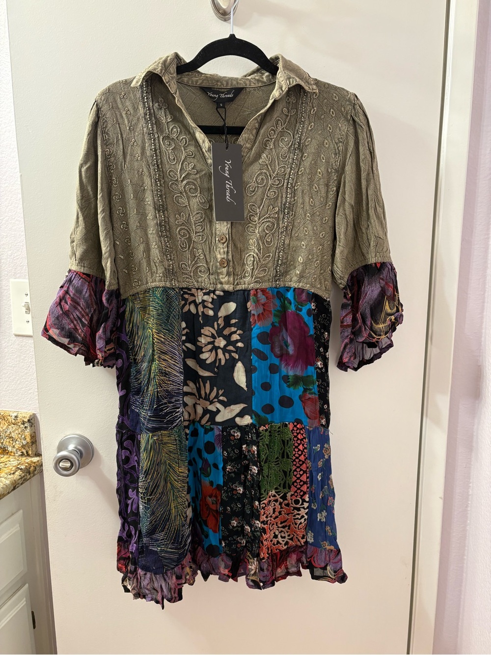 Young Threads Small Patchwork Boho Tunic Dress NWT PTP 18/L 36
